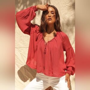 Free People Rusted Coral Banda Blouse Flowy Boho Medium